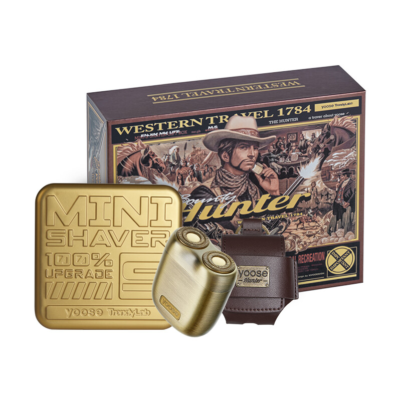 有色 电动剃须刀 赏金猎人款 合金机身 旋转式剃须刀 2个刀头 2W 全身水洗 含赏金浮雕金属礼盒+赏金剃须刀皮套 古铜色